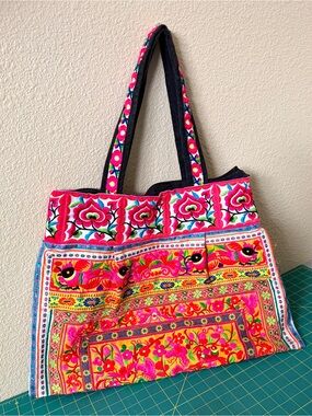 Colorful Embroidered Tote Bag - Pink Floral Design